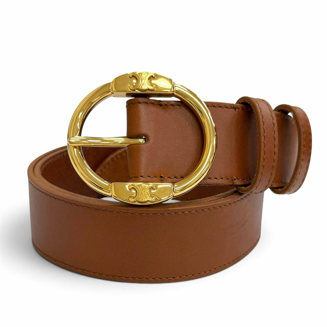 Pristine CELINE Large Twin Triomphe Vintage CalfskinLeather Belt Brown 45BDZ3AJG