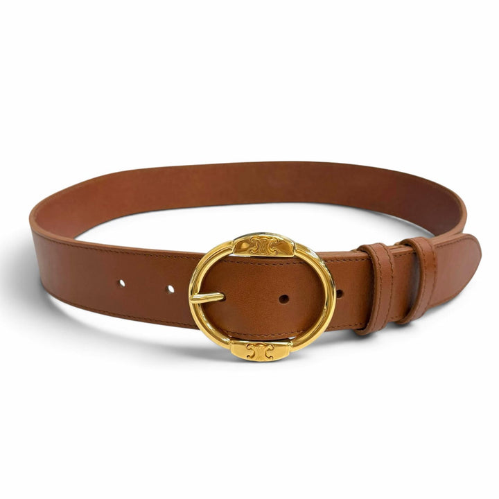 Pristine CELINE Large Twin Triomphe Vintage CalfskinLeather Belt Brown 45BDZ3AJG
