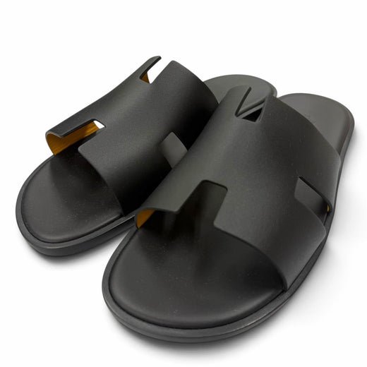 Pristine HERMES Sandals Izmir Purchased in 2026: H logo slide black leather 42.5