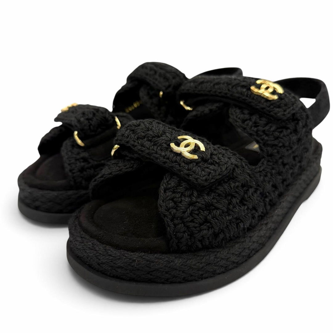 Pristine CHANEL Sandals COCO Mark Velcro Knit black Suede leather 37 G46339