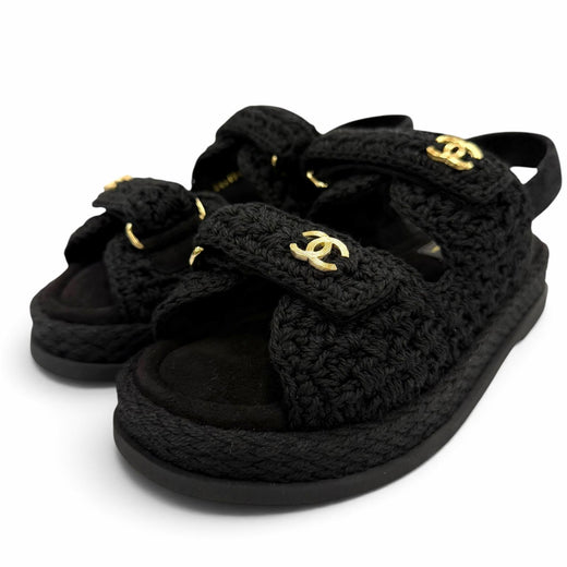 Pristine CHANEL Sandals COCO Mark Velcro Knit black Suede leather 37 G46339