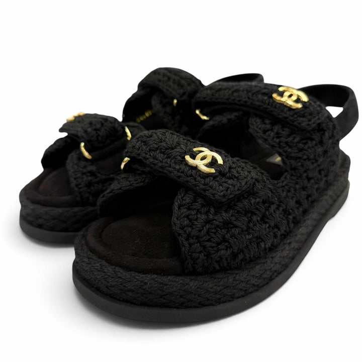 Pristine CHANEL Sandals COCO Mark Velcro Knit black Suede leather 37 G46339