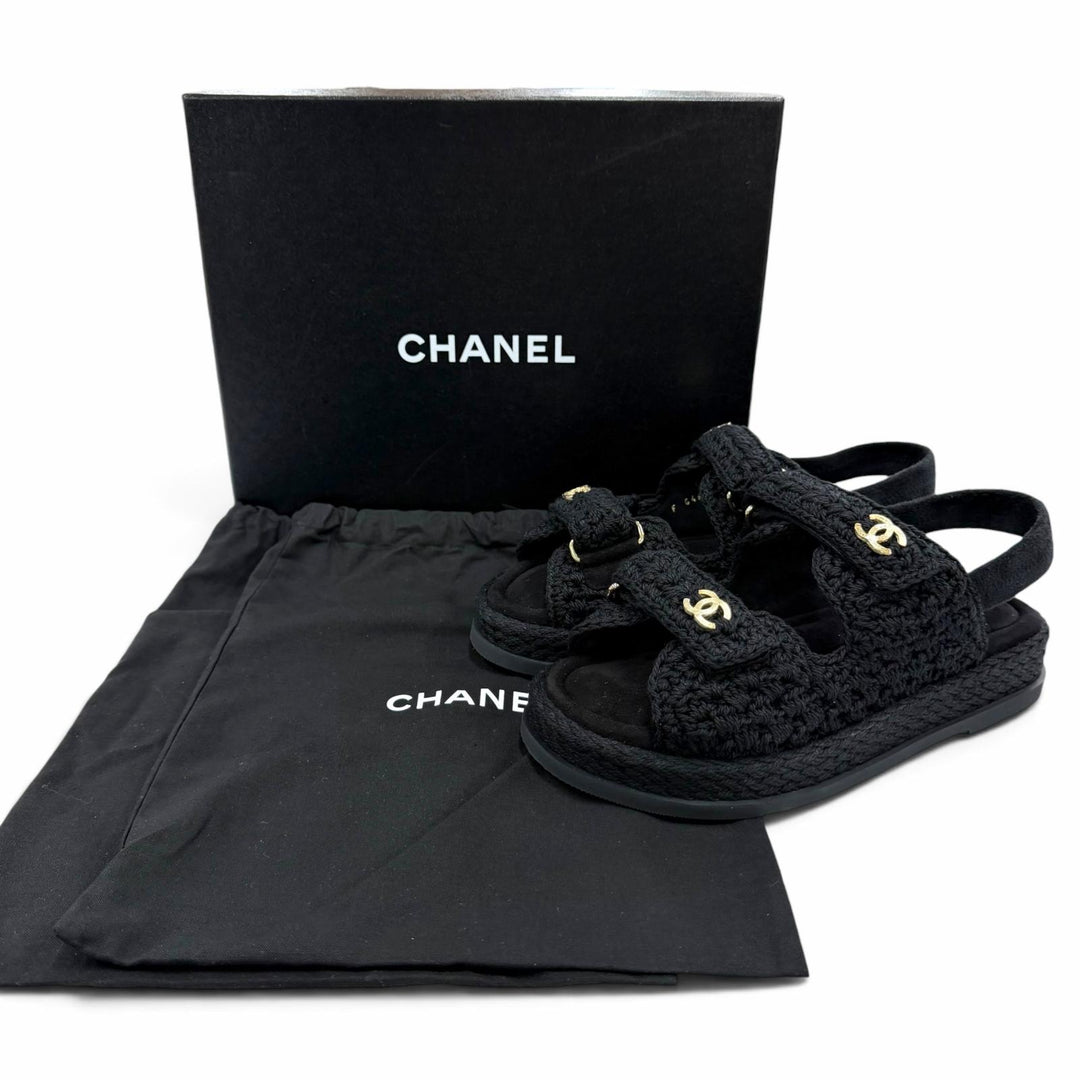 Pristine CHANEL Sandals COCO Mark Velcro Knit black Suede leather 37 G46339