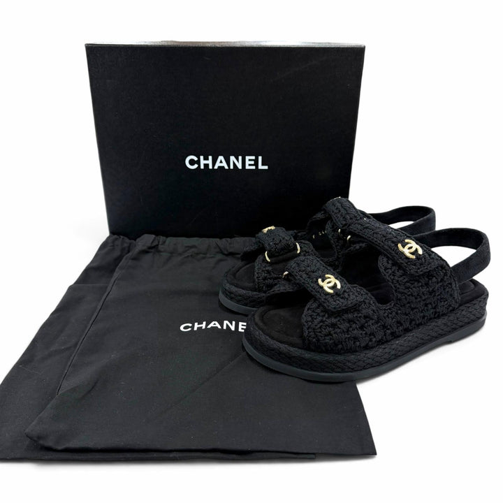Pristine CHANEL Sandals COCO Mark Velcro Knit black Suede leather 37 G46339