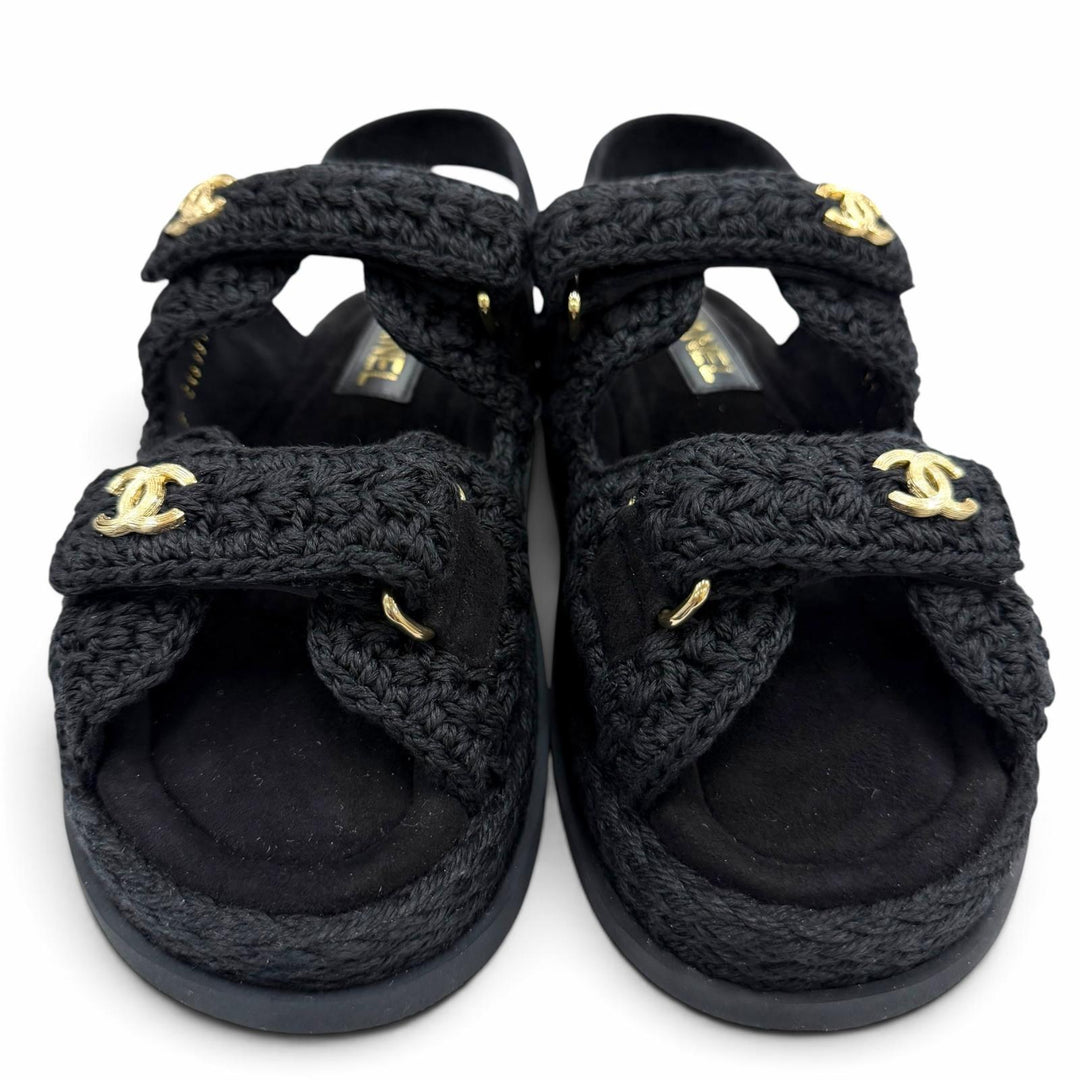 Pristine CHANEL Sandals COCO Mark Velcro Knit black Suede leather 37 G46339