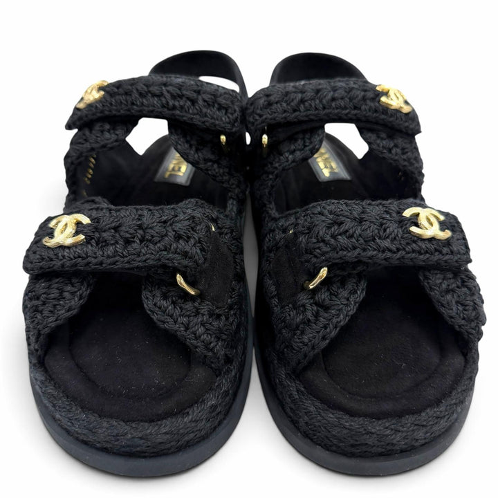 Pristine CHANEL Sandals COCO Mark Velcro Knit black Suede leather 37 G46339