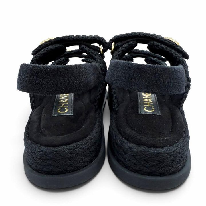 Pristine CHANEL Sandals COCO Mark Velcro Knit black Suede leather 37 G46339