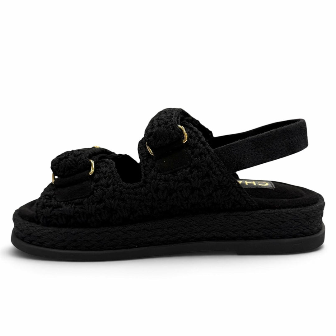 Pristine CHANEL Sandals COCO Mark Velcro Knit black Suede leather 37 G46339