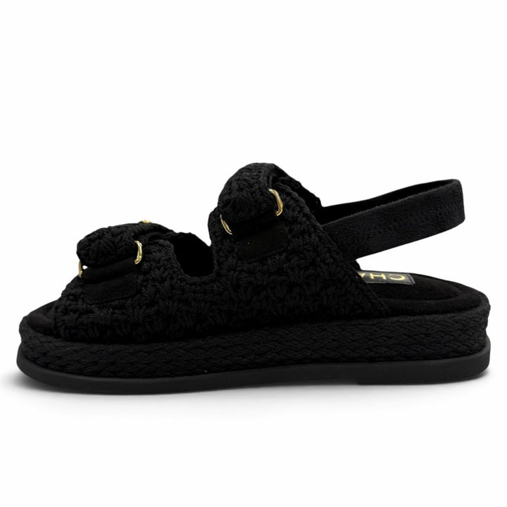 Pristine CHANEL Sandals COCO Mark Velcro Knit black Suede leather 37 G46339