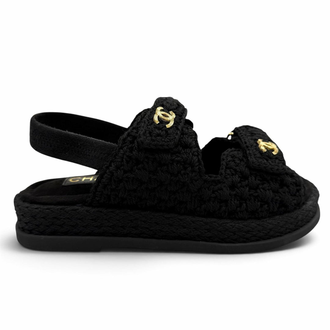 Pristine CHANEL Sandals COCO Mark Velcro Knit black Suede leather 37 G46339