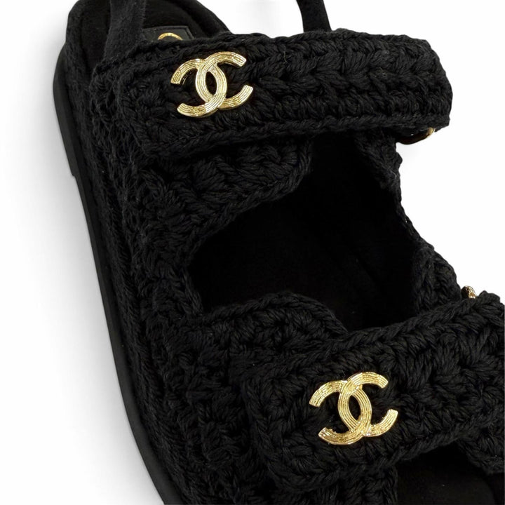 Pristine CHANEL Sandals COCO Mark Velcro Knit black Suede leather 37 G46339