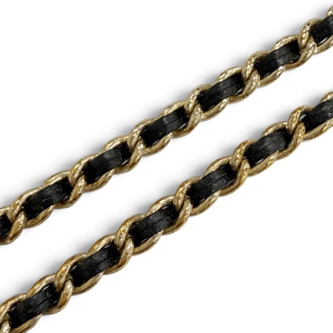 Great CHANEL Necklace COCO Mark Rhinestone Pearl Leather Chain gold Women B20B