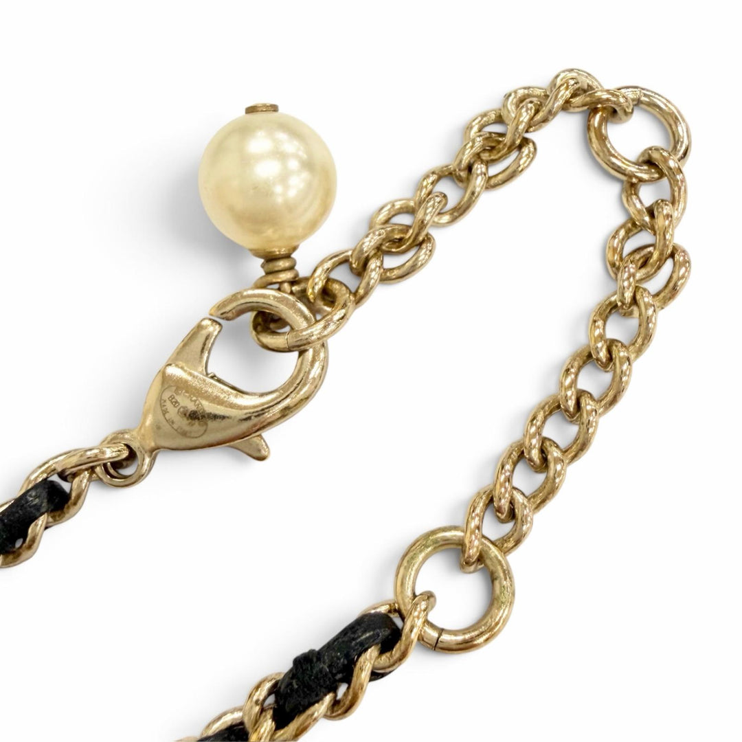 Great CHANEL Necklace COCO Mark Rhinestone Pearl Leather Chain gold Women B20B