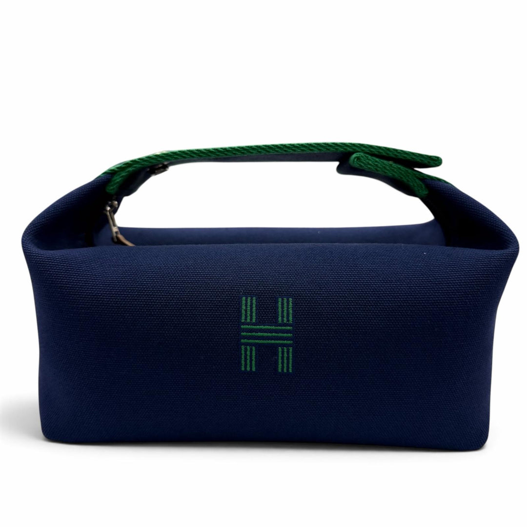 Excellent HERMES Handbag Brid A Black PM Serie Metal H Logo Canvas Pouch Navy