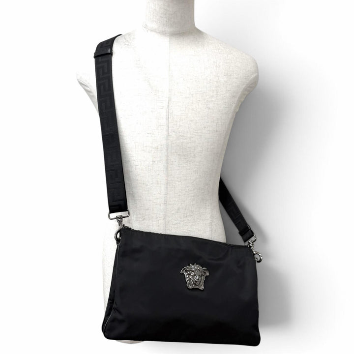 Excellent VERSACE Shoulder Bag 3D Medusa Greca 2WAY black