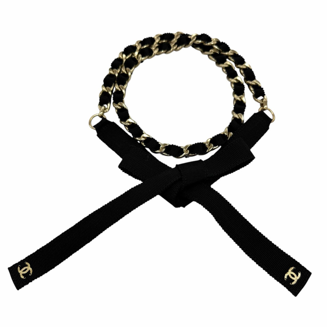 Excellent CHANEL belt COCO Mark Ribbon Chain black metal Women S 20C