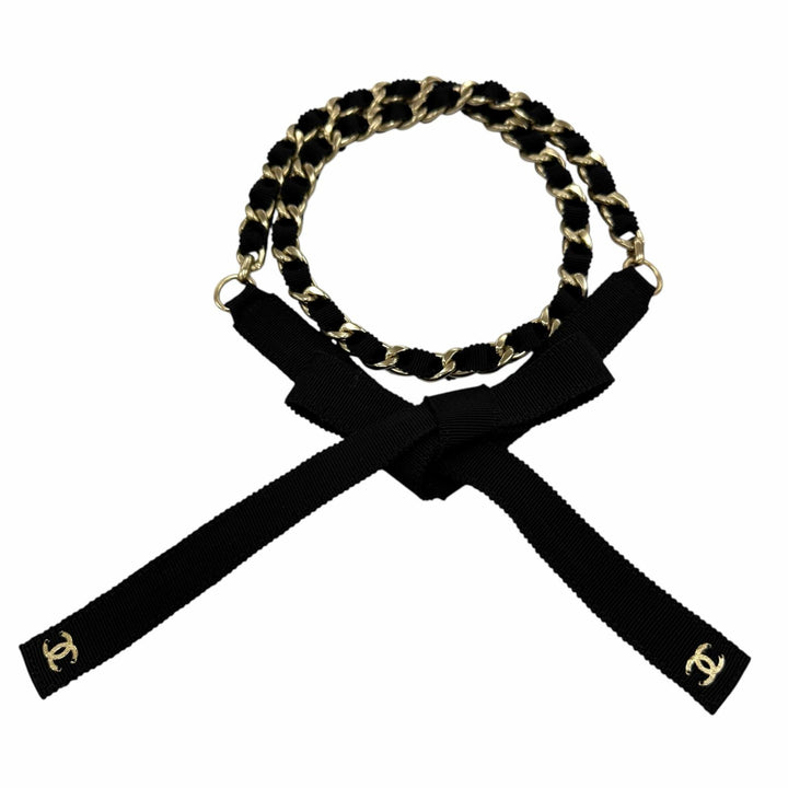 Excellent CHANEL belt COCO Mark Ribbon Chain black metal Women S 20C