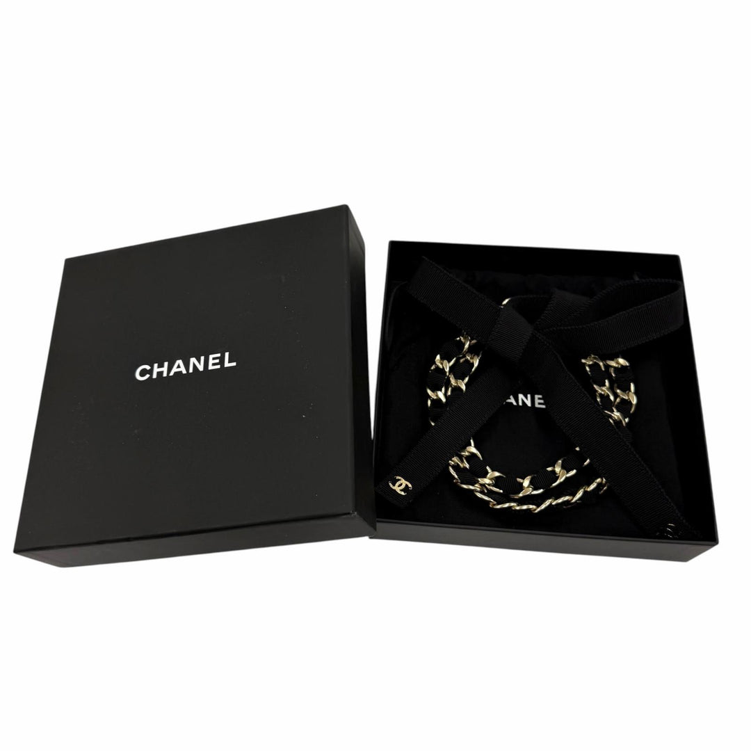Excellent CHANEL belt COCO Mark Ribbon Chain black metal Women S 20C