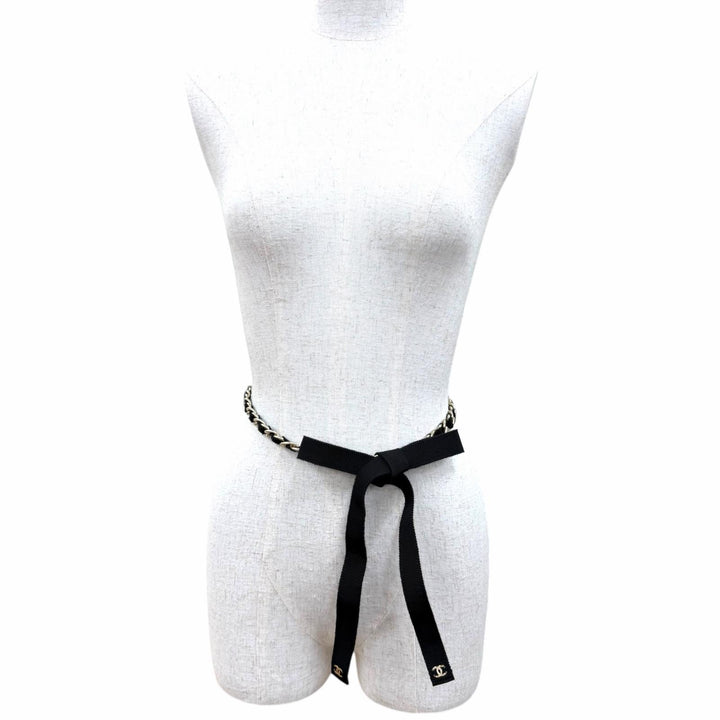 Excellent CHANEL belt COCO Mark Ribbon Chain black metal Women S 20C