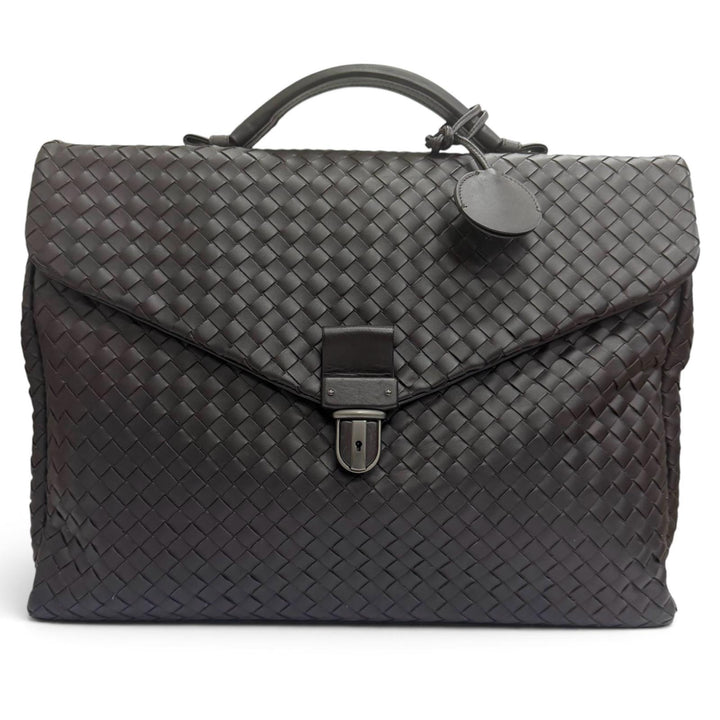Excellent BOTTEGAVENETA Briefcase INTRECCIATO Dark brown leather mens 113095
