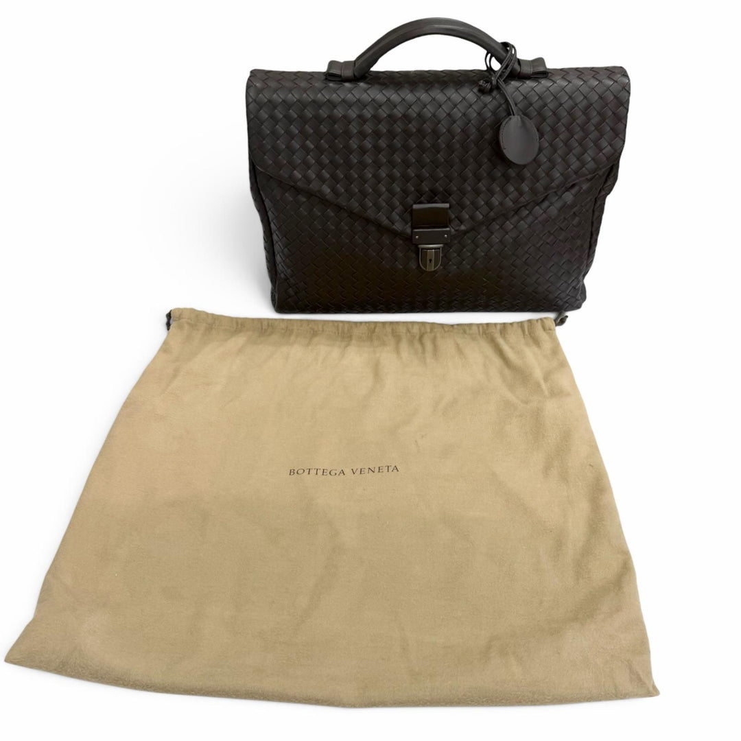 Excellent BOTTEGAVENETA Briefcase INTRECCIATO Dark brown leather mens 113095
