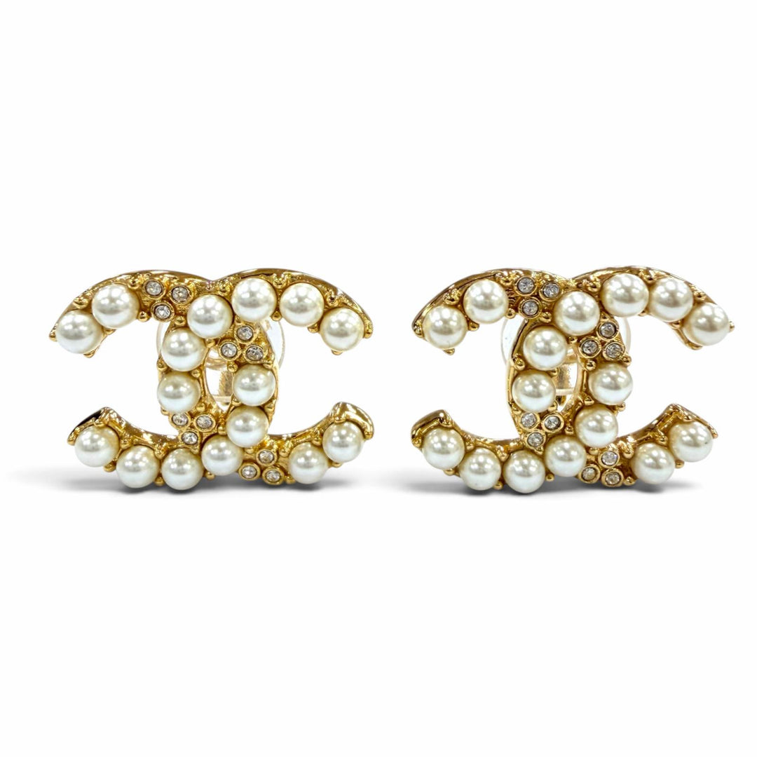 Excellent CHANEL Earring COCO Mark Eco Pearl Rhinestones gold Women B24A ABD722