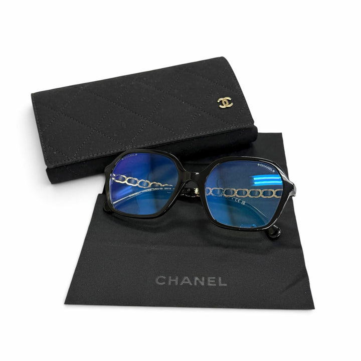 Excellent CHANEL Glasses COCO Mark Temple Square black Women 3489-S-A