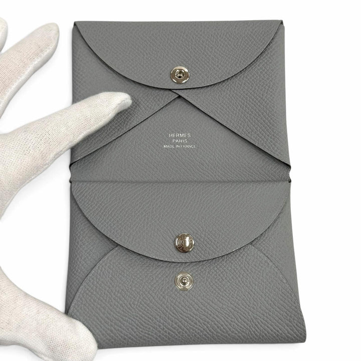Pristine HERMES Bifold Wallet Calvi duo Serie Metal Epsom Leather Women