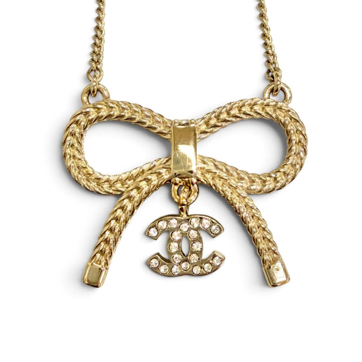 Excellent CHANEL Necklace COCO Mark Rhinestone Ribbon gold Women B24K ABE650