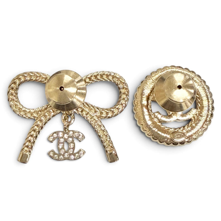 Excellent CHANEL Brooch COCO Mark Rhinestone Ribbon Pin Badge gold B24K ABE646B