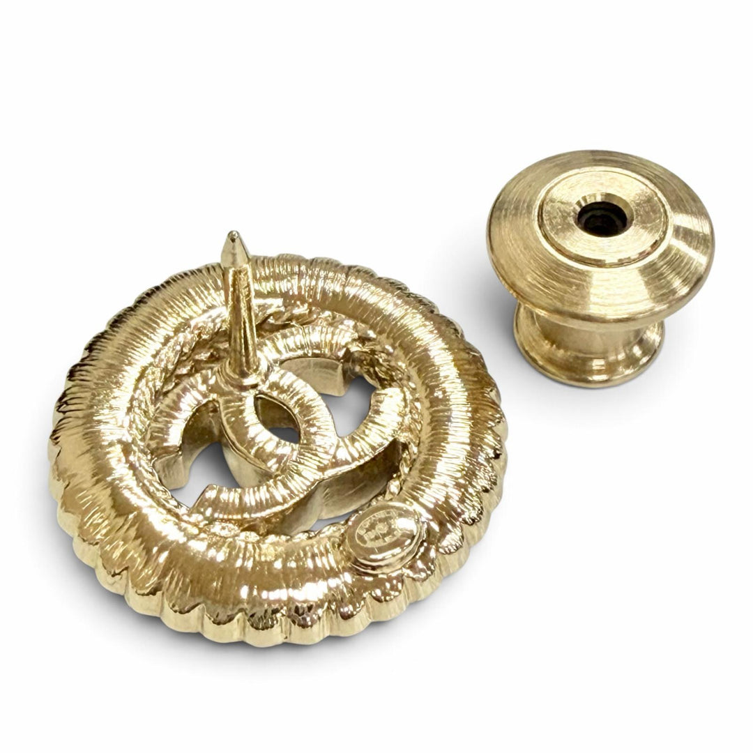 Excellent CHANEL Brooch COCO Mark Rhinestone Ribbon Pin Badge gold B24K ABE646B
