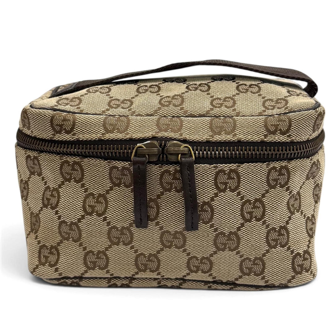Excellent GUCCI Cosmetics Pouch Leather vanity bag beige GG canvas Women 106646
