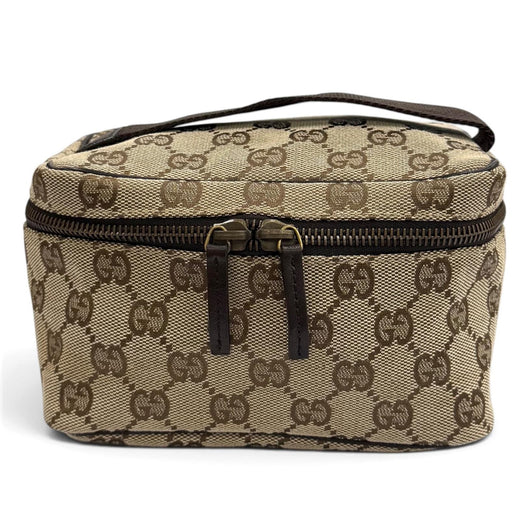 Excellent GUCCI Cosmetics Pouch Leather vanity bag beige GG canvas Women 106646