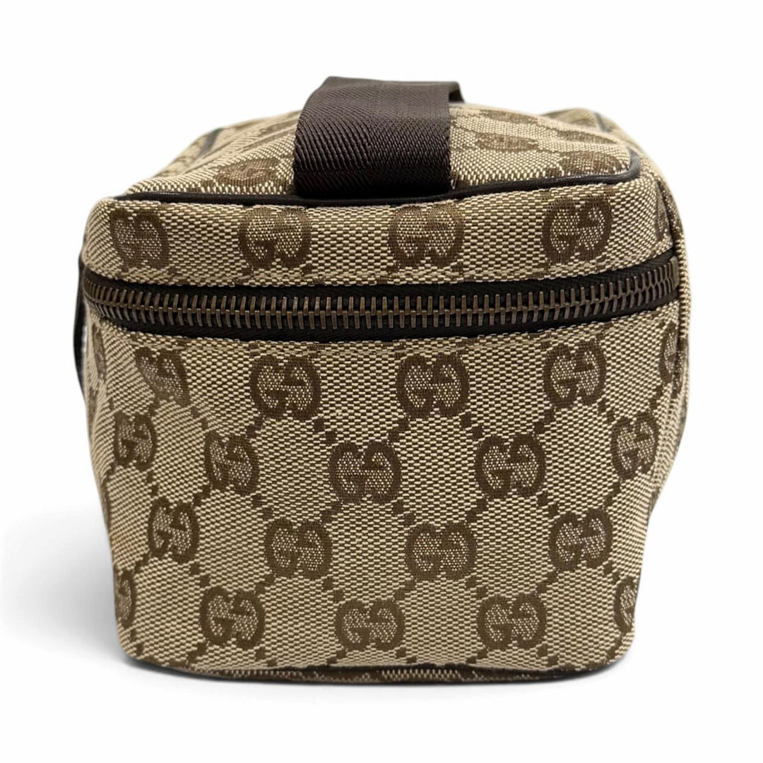 Excellent GUCCI Cosmetics Pouch Leather vanity bag beige GG canvas Women 106646