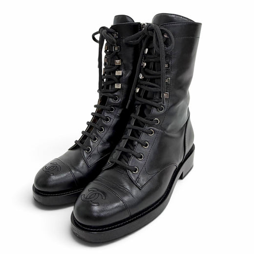 Excellent CHANEL short boots COCO Mark Side Zip Lace-Up black leather 36 G34953