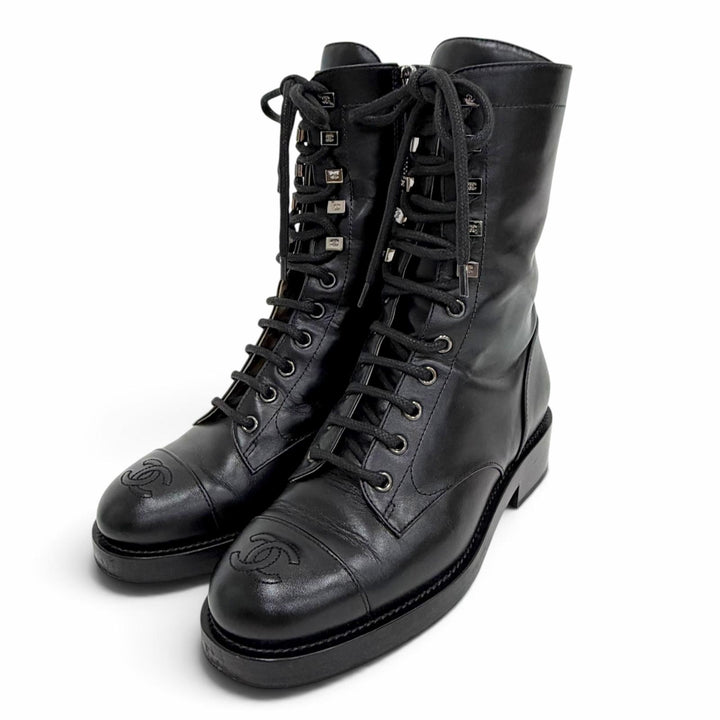 Excellent CHANEL short boots COCO Mark Side Zip Lace-Up black leather 36 G34953