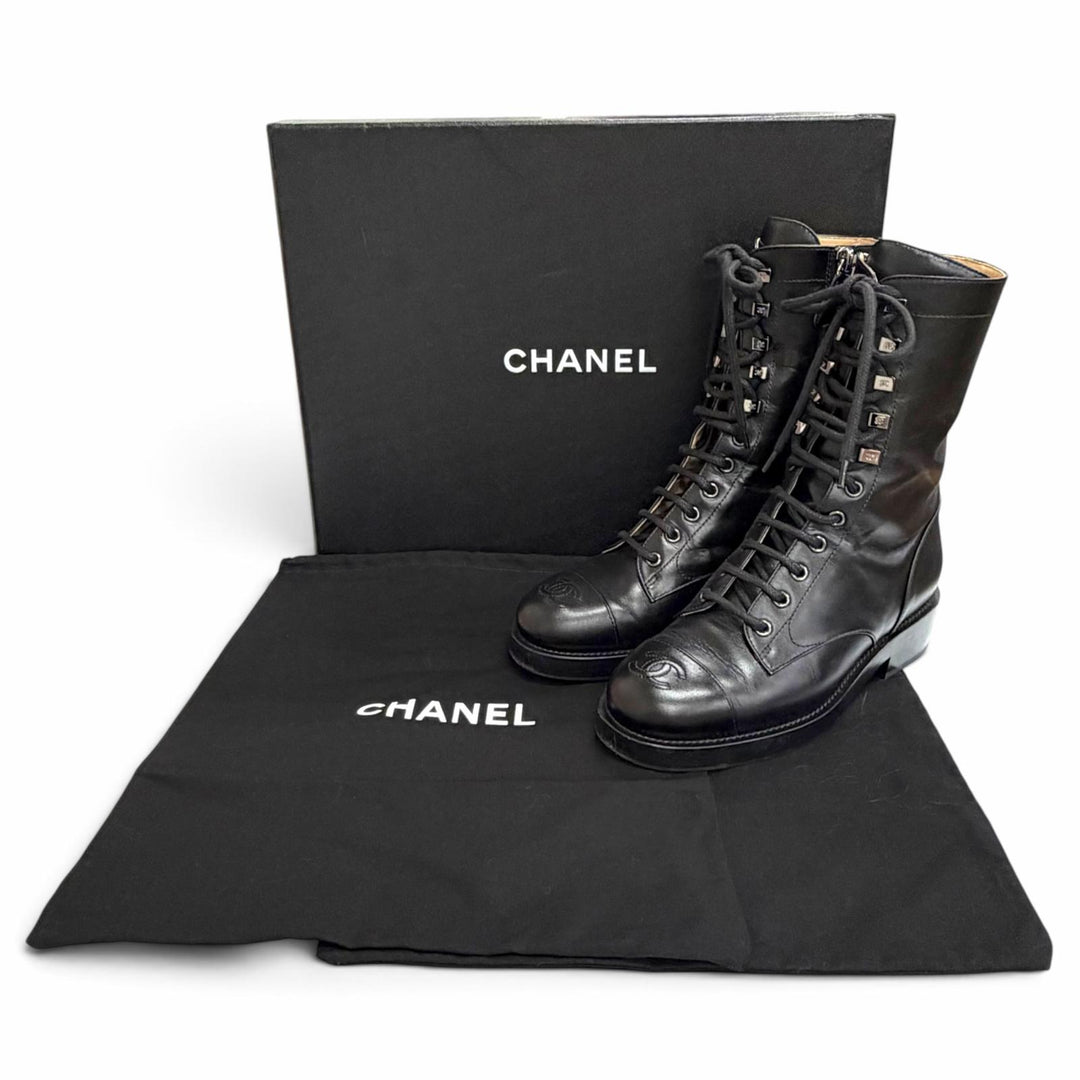 Excellent CHANEL short boots COCO Mark Side Zip Lace-Up black leather 36 G34953