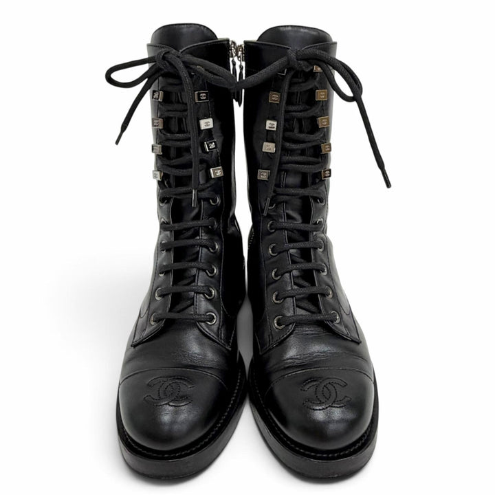 Excellent CHANEL short boots COCO Mark Side Zip Lace-Up black leather 36 G34953