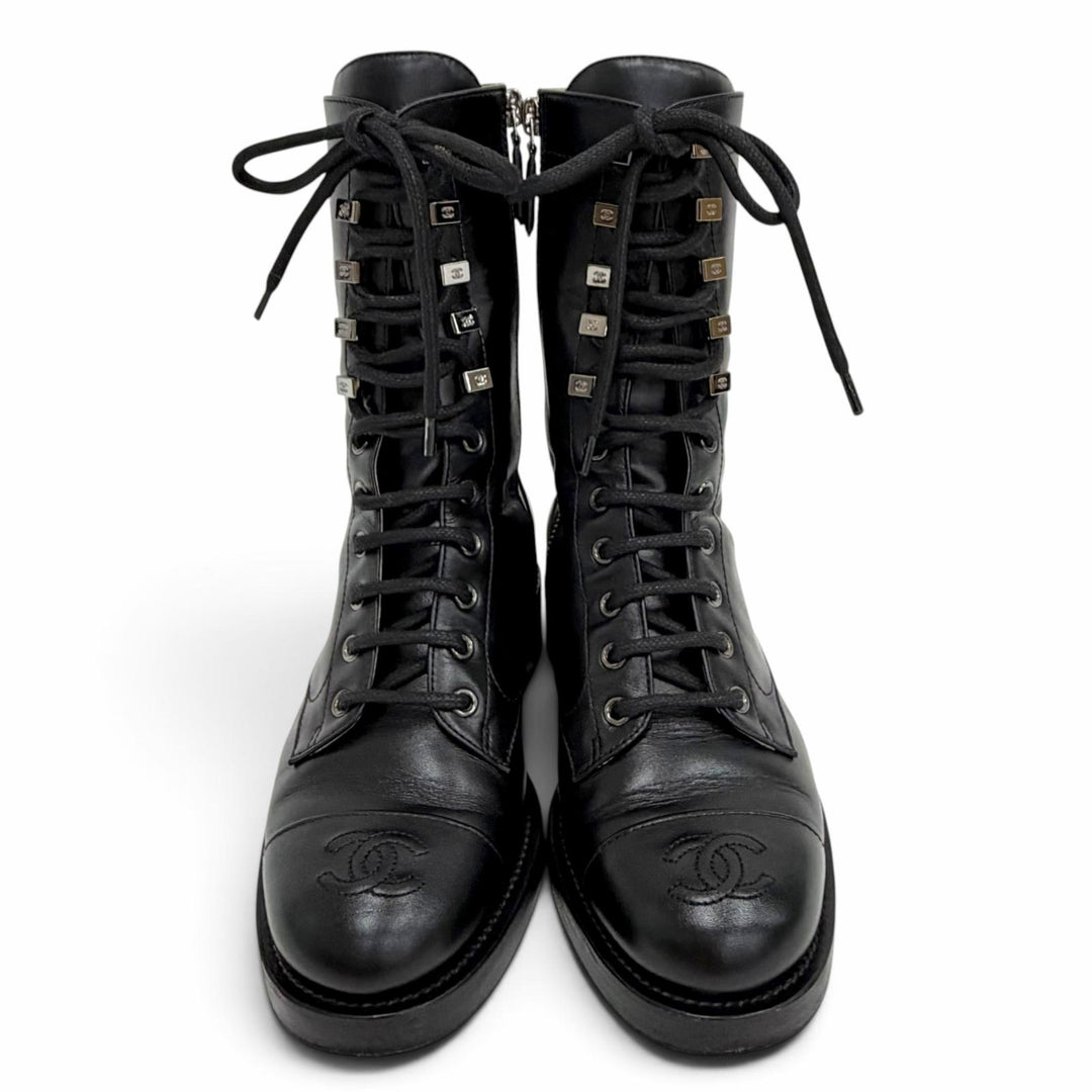 Excellent CHANEL short boots COCO Mark Side Zip Lace-Up black leather 36 G34953