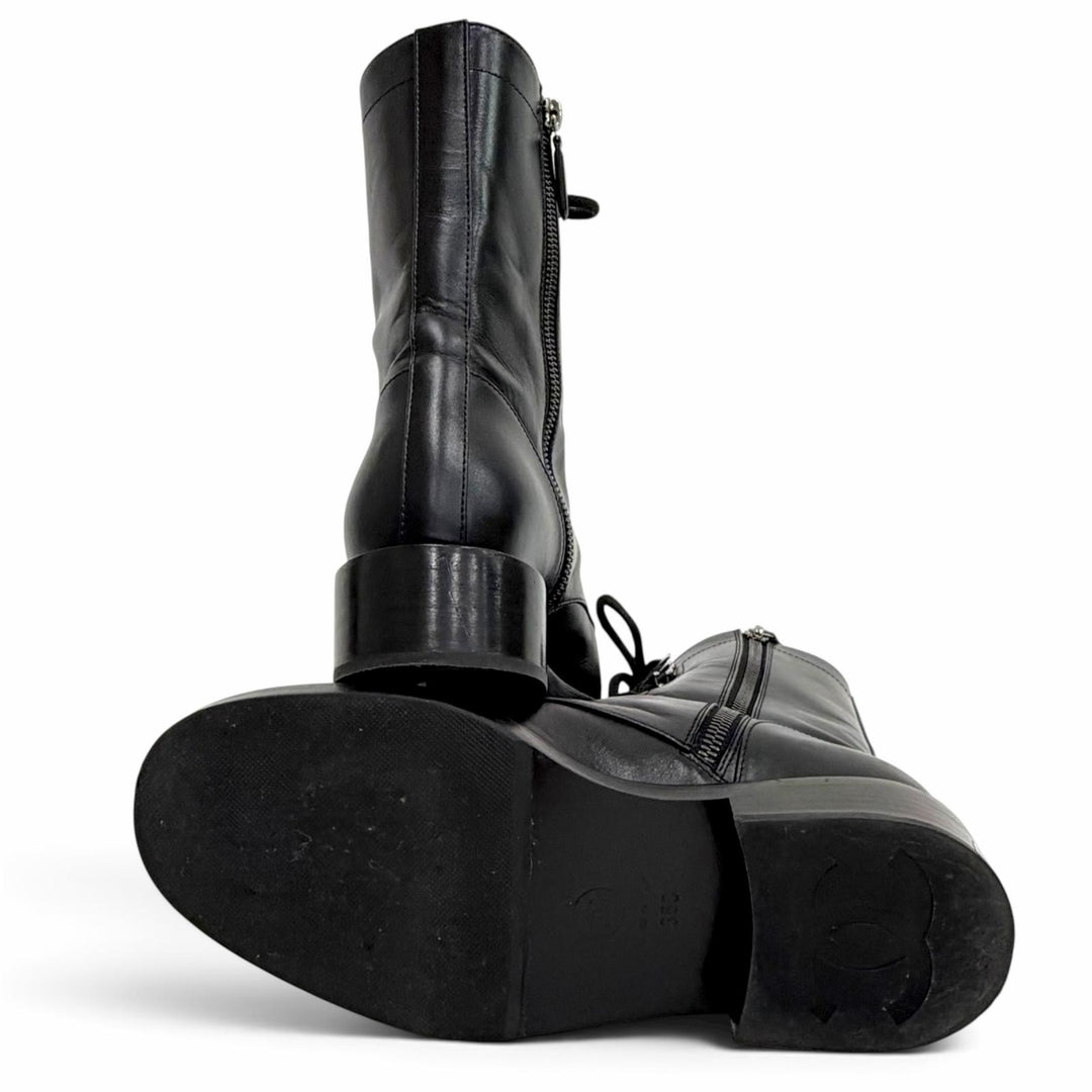 Excellent CHANEL short boots COCO Mark Side Zip Lace-Up black leather 36 G34953