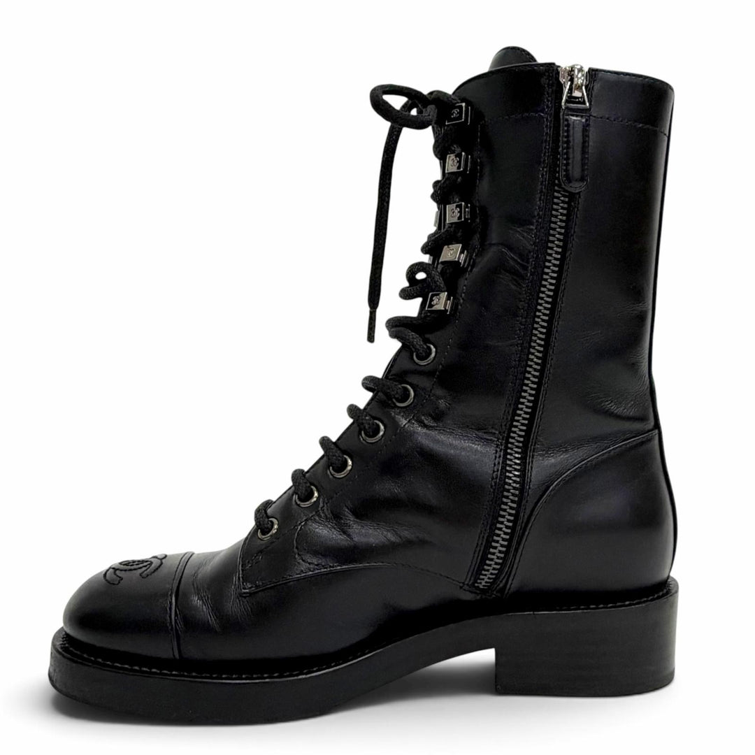 Excellent CHANEL short boots COCO Mark Side Zip Lace-Up black leather 36 G34953