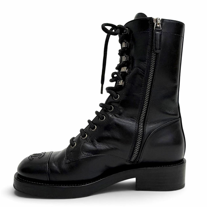 Excellent CHANEL short boots COCO Mark Side Zip Lace-Up black leather 36 G34953