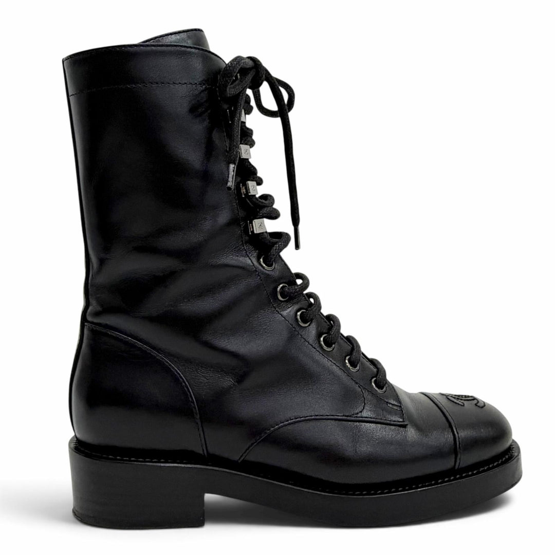 Excellent CHANEL short boots COCO Mark Side Zip Lace-Up black leather 36 G34953