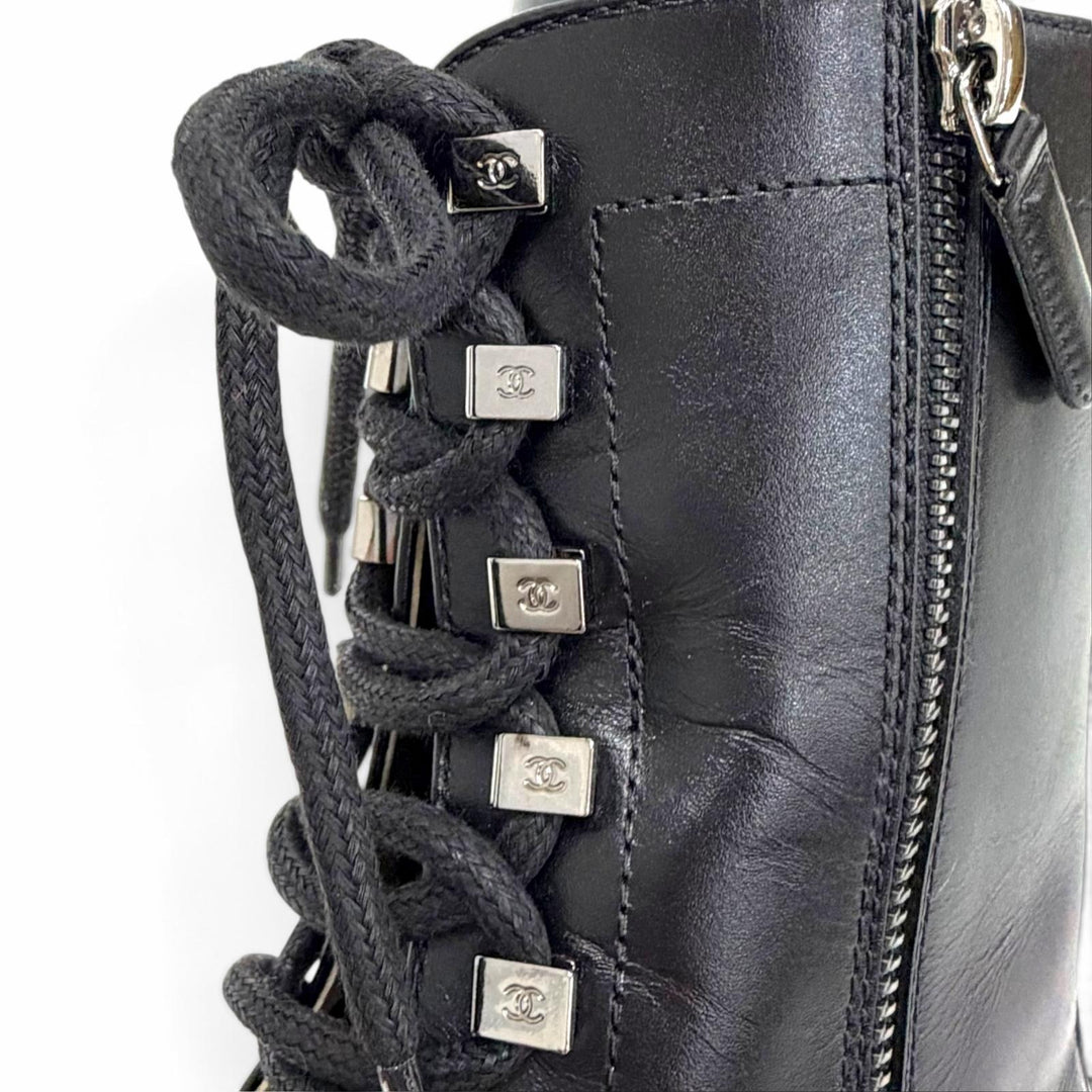 Excellent CHANEL short boots COCO Mark Side Zip Lace-Up black leather 36 G34953