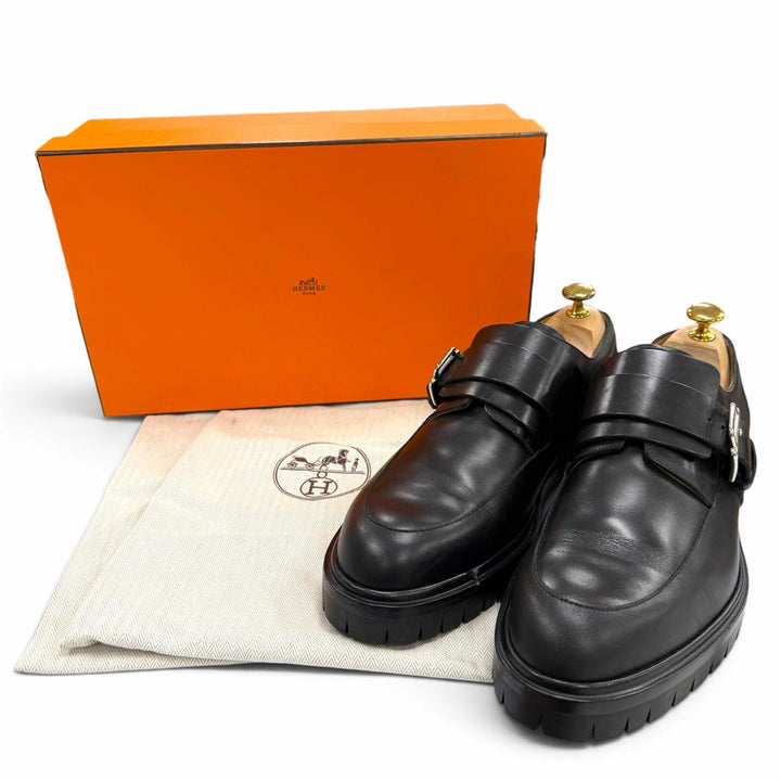 Great HERMES Leather shoes Monk strap U-tip black leather mens IT 42