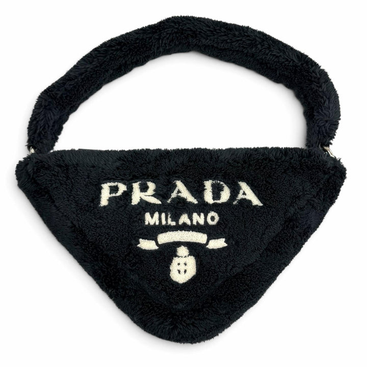 Excellent PRADA Handbag Terry Cloth Triangle Logo Pile Bag Navy Women 1NE043
