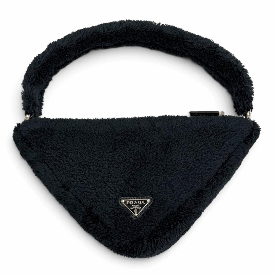 Excellent PRADA Handbag Terry Cloth Triangle Logo Pile Bag Navy Women 1NE043