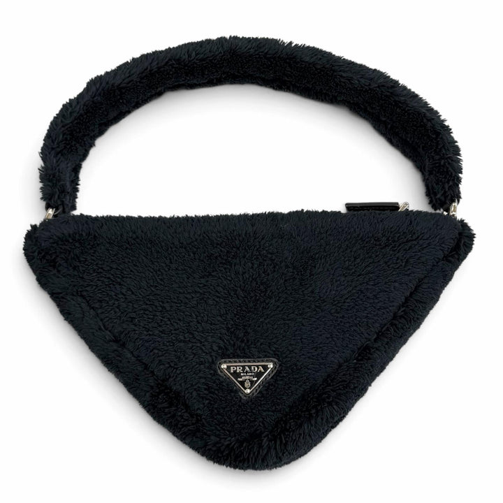 Excellent PRADA Handbag Terry Cloth Triangle Logo Pile Bag Navy Women 1NE043
