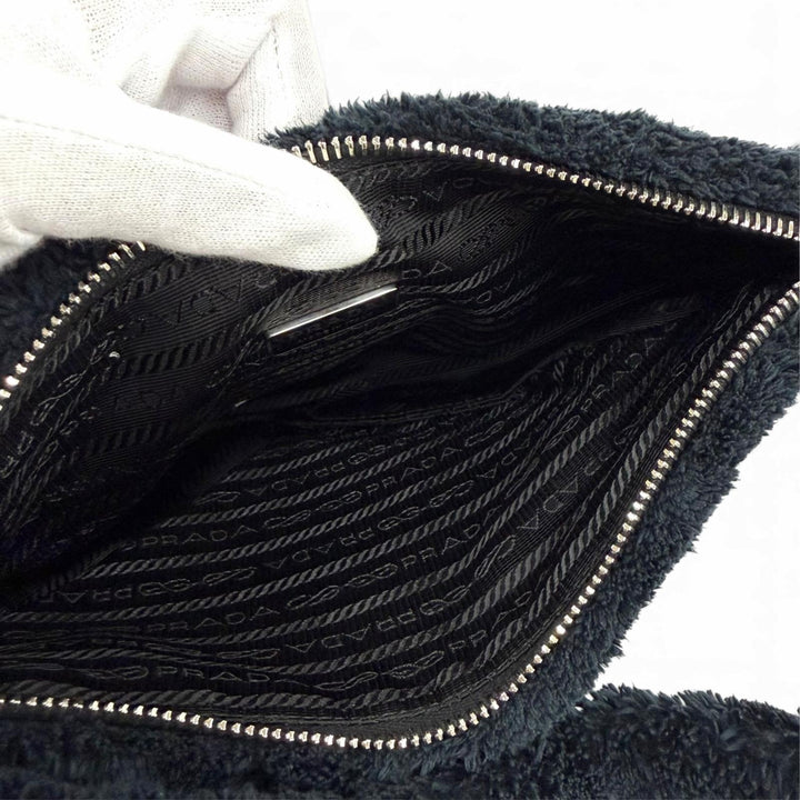 Excellent PRADA Handbag Terry Cloth Triangle Logo Pile Bag Navy Women 1NE043
