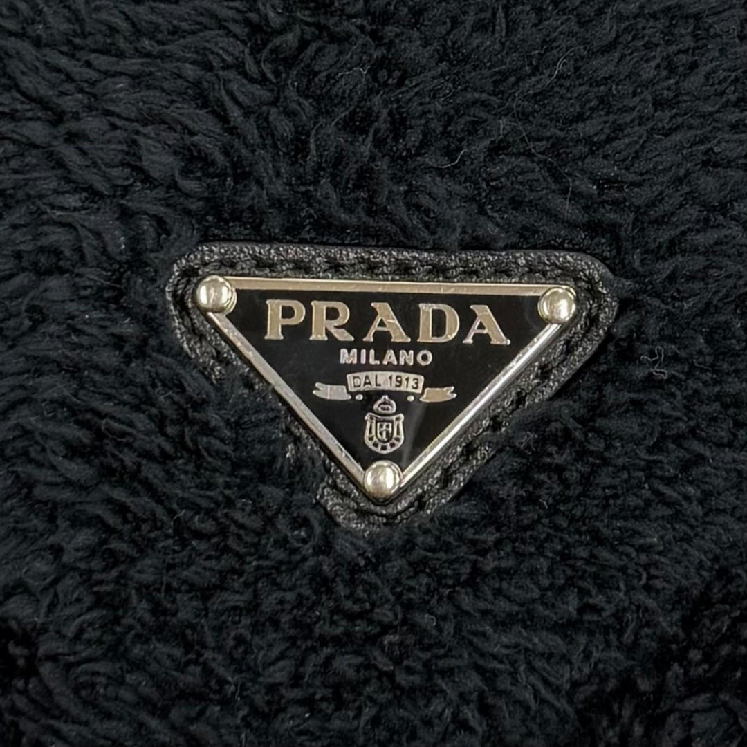 Excellent PRADA Handbag Terry Cloth Triangle Logo Pile Bag Navy Women 1NE043